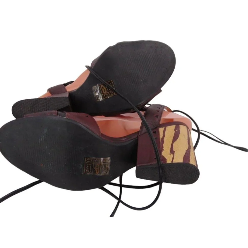 Anthropologie Faryl Robin Caley Lace Up Ankle Tie Heels 9.5 Chunky Heel Laser - Picture 8 of 13